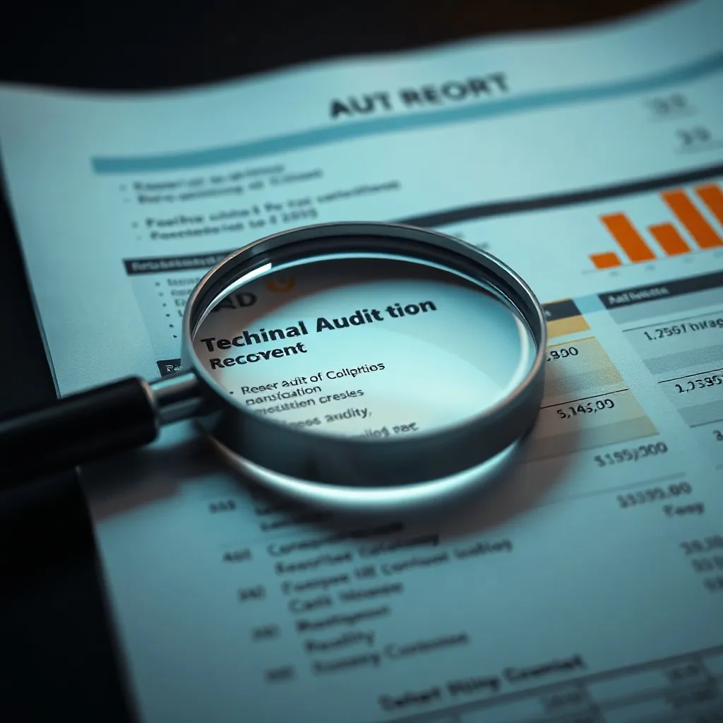 A macro photo of a technical audit report with highlighted t