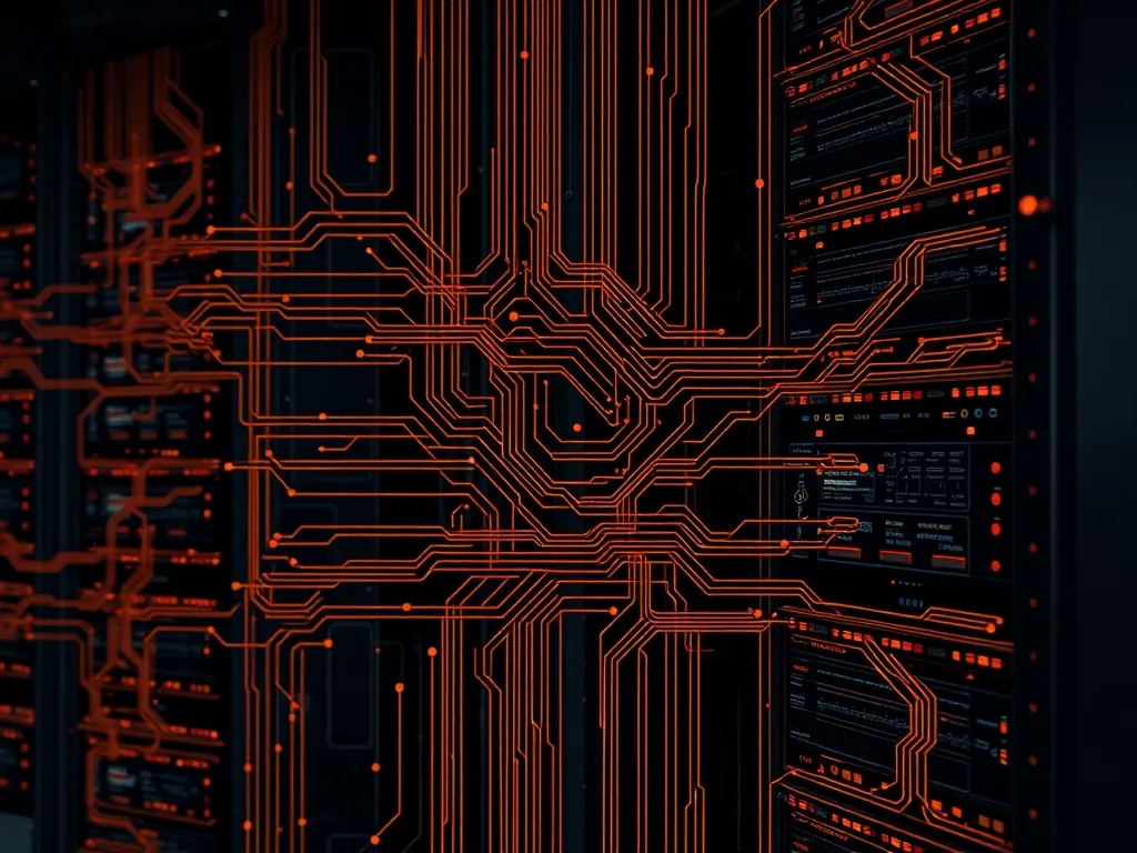 A technical blueprint of a server rack with digital data str